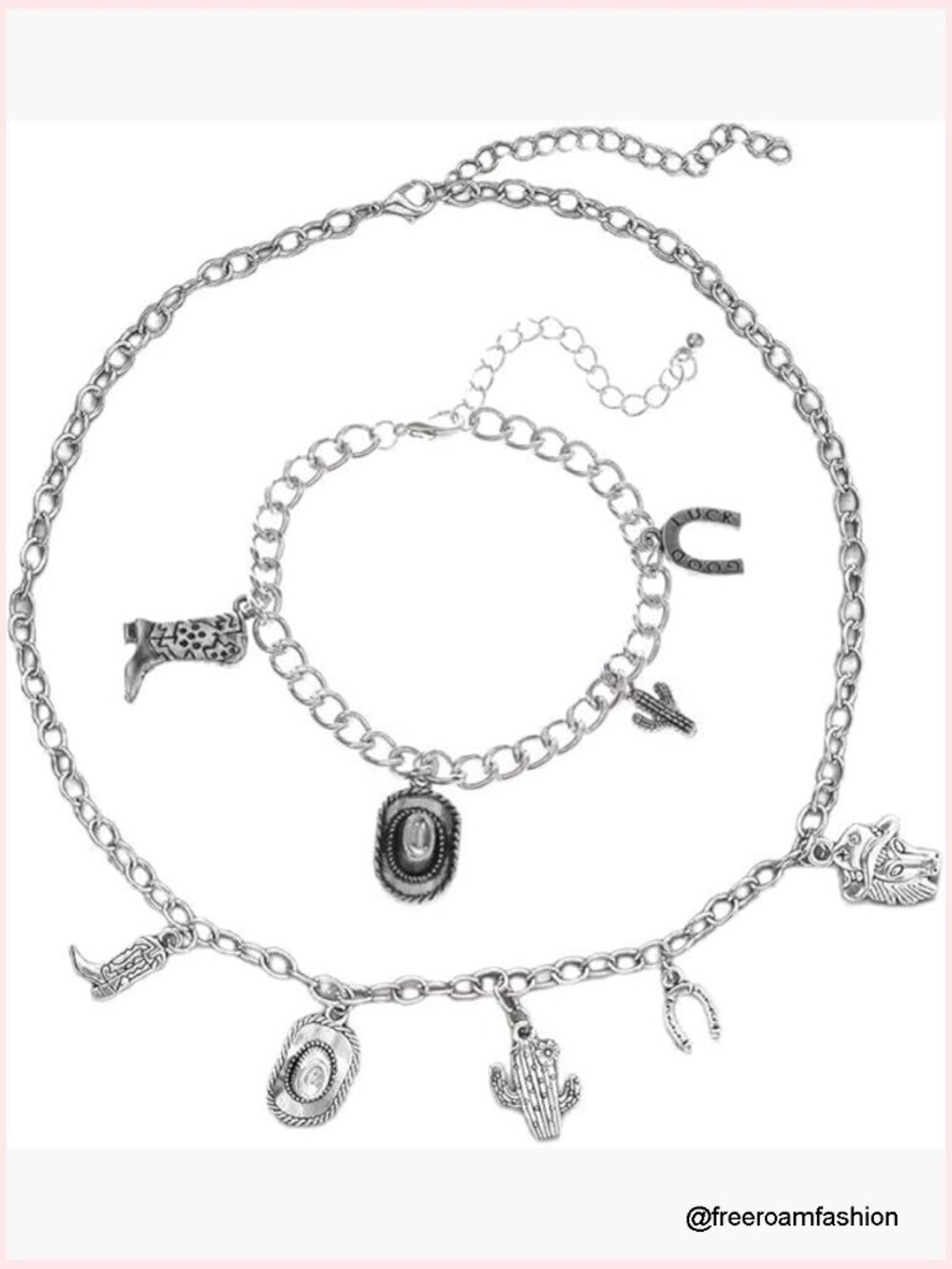 Western Cowgirl Bracelet Leather Cactus Horseshoe Charm Jewelry Set